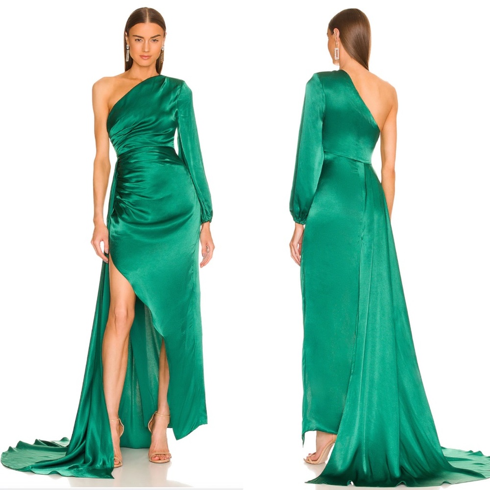 Michael Costello Heather Gown in Green Maxi one shoulder dress